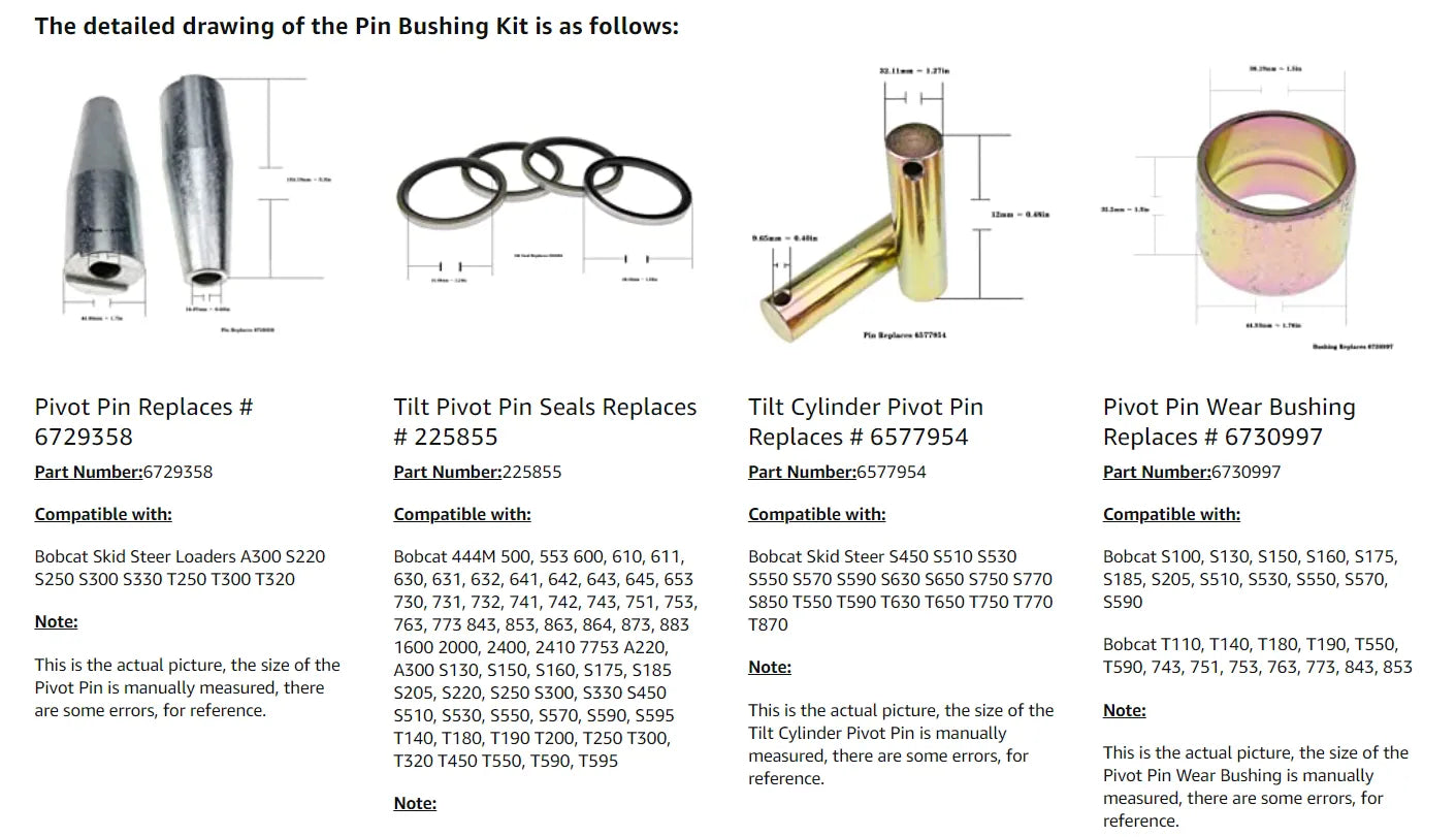 Wdpart 6577954 6805453 6729358 7139943 Pin Bushing Kit for Bobcat S220 S250 S300 S330 A300 T250 T300 T320 Skid Steer Loader Bucket Lower Upper